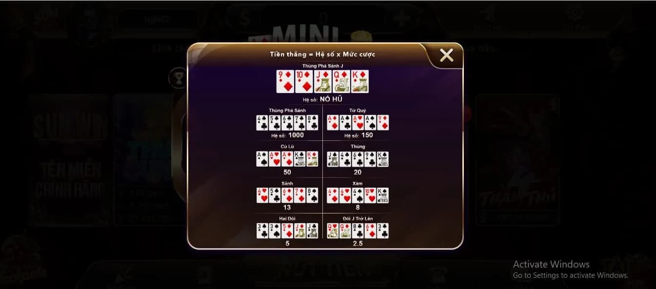 Hệ số thanh toán mini poker 